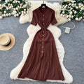 Frenchretropolo collar short-sleeved metal button silmslimming lookdress women's classy sense waist knitting long skirt
