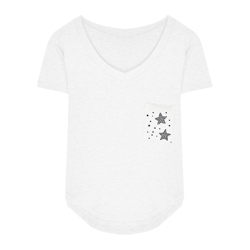 Women's t-shirt,  summer new arrival: v-neck, designer inner layer top, asymmetrical hot girl style, pure & sultry short sleeve top
