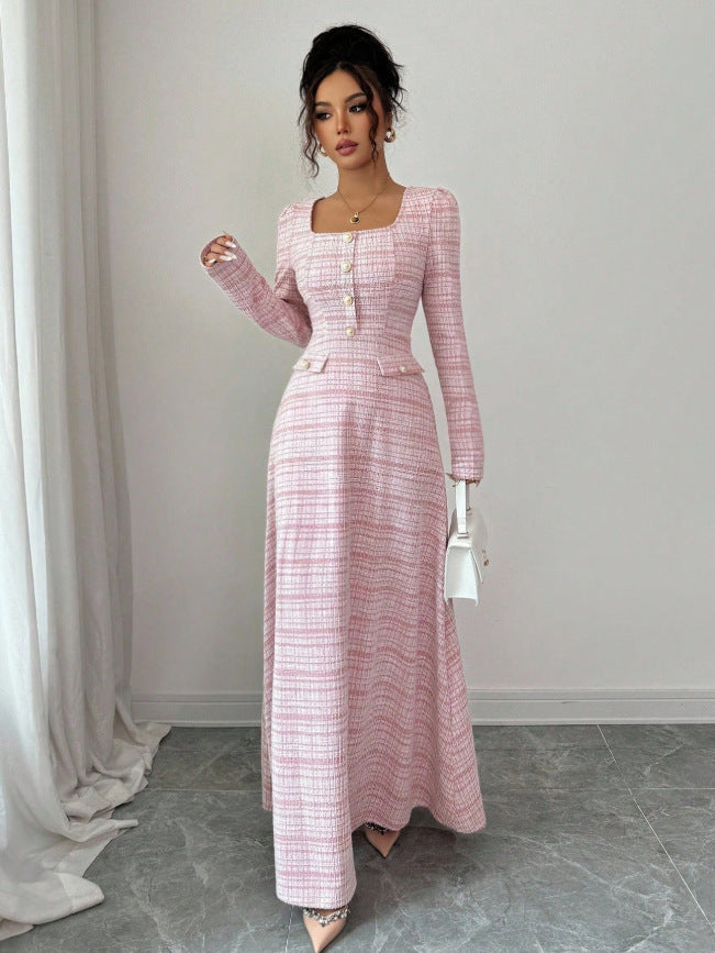european and american new arrival: pink and white gingham long dress - chanel-inspired style with square neck, long sleeves, pearl button detail, cinched waist, and flared hem