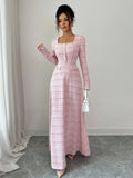 european and american new arrival: pink and white gingham long dress - chanel-inspired style with square neck, long sleeves, pearl button detail, cinched waist, and flared hem