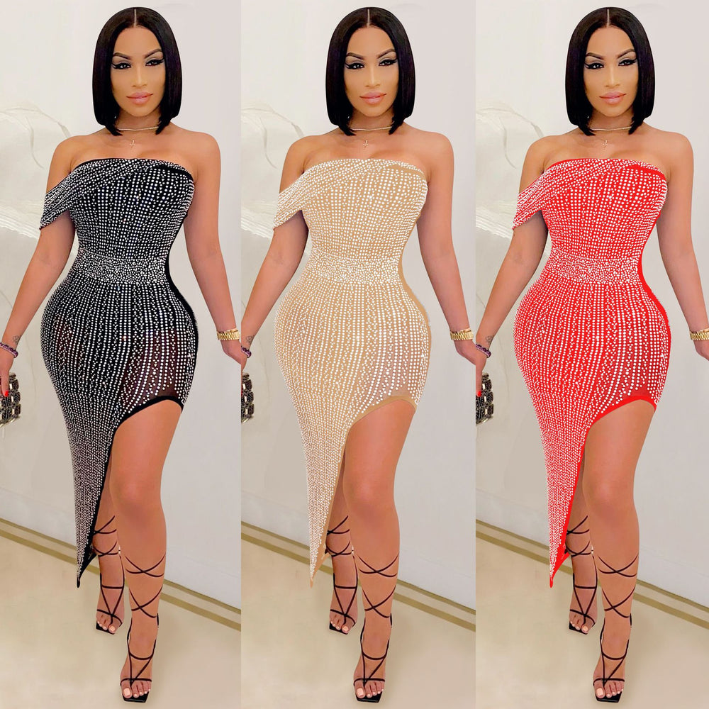 X5046 cross-border   european and american evening dress hot diamond mesh wrapped chest irregular women's dress