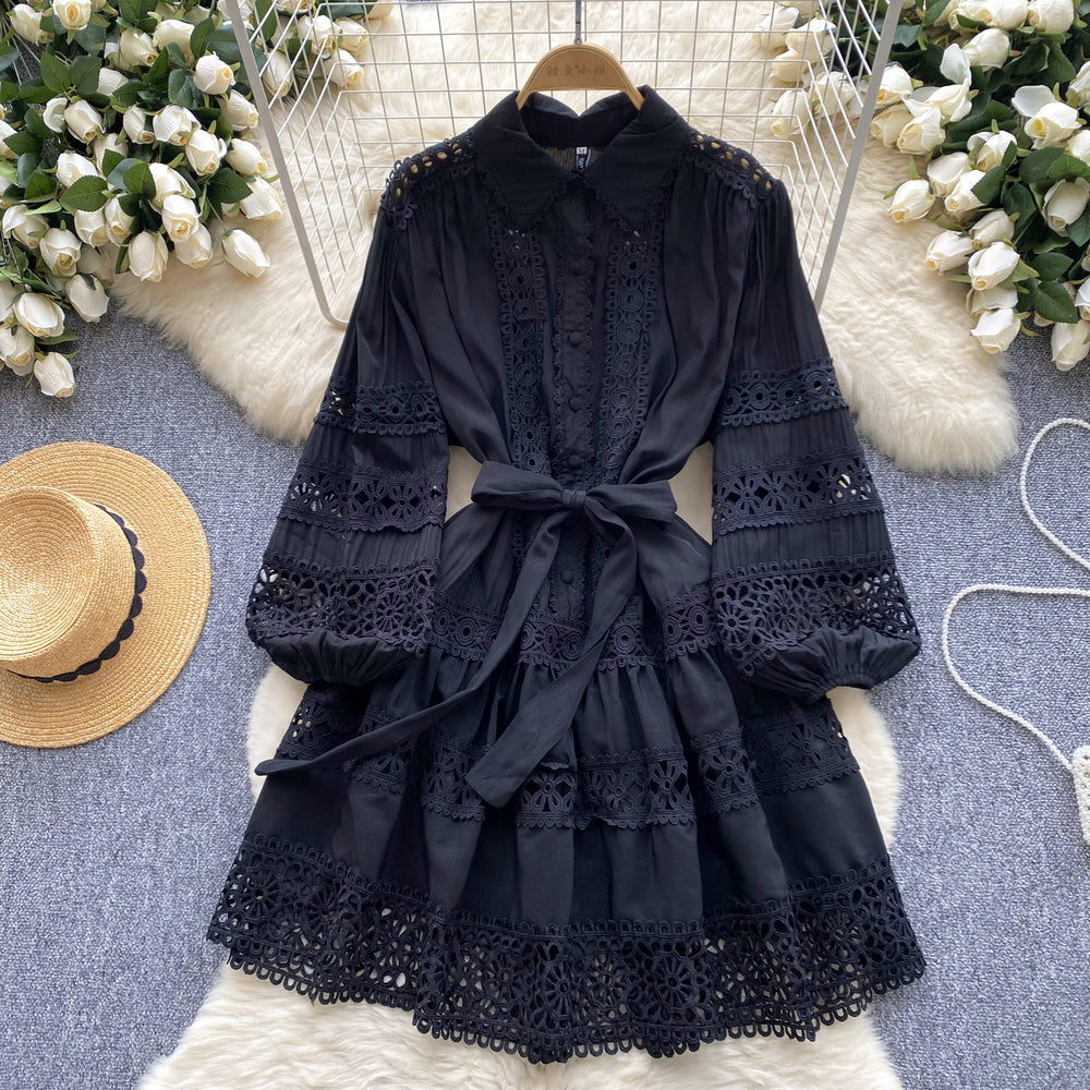 Palace style dress women's frenchretrocut outembroiderlacepatchwork lantern sleeve single breasted waist a-line skirt