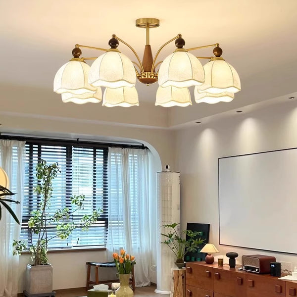 French retro living room ceiling lamp American solid wood Nanyang style fabric printing medieval wabi sandy wind master bedroom chandelier