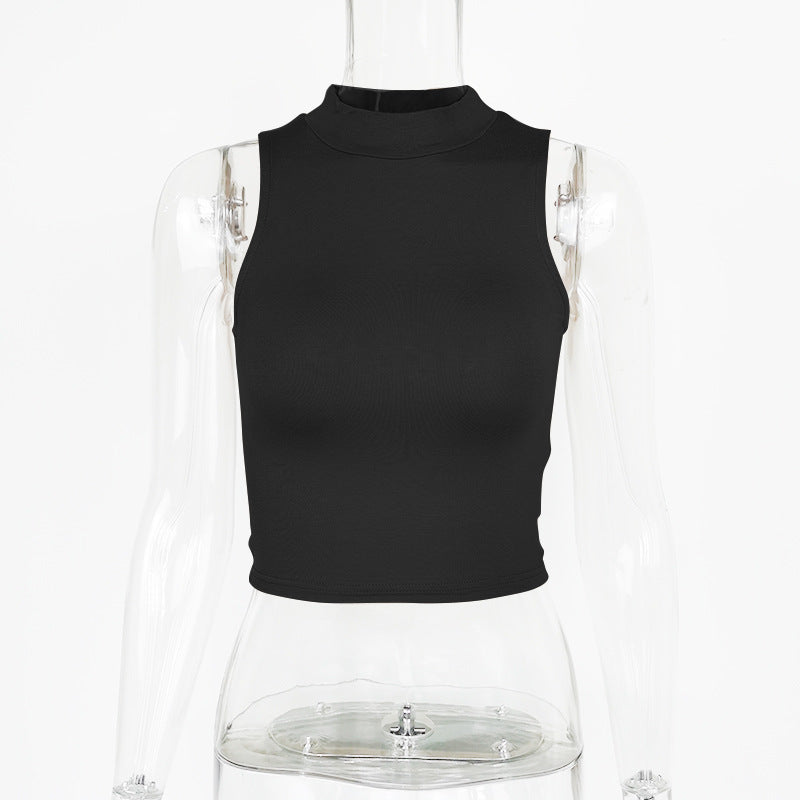 European and American ins summer new slim-fit short sleeveless T-shirt women's clothing yoga sports with a half-turtleneck vest