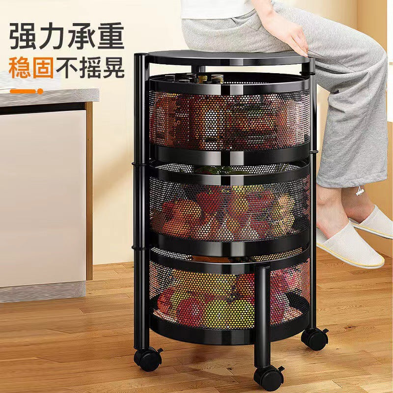 Kitchen rotating multi-functional storage rack, household floor-standing multi-tier snack cart, fruit and vegetable basket organizer