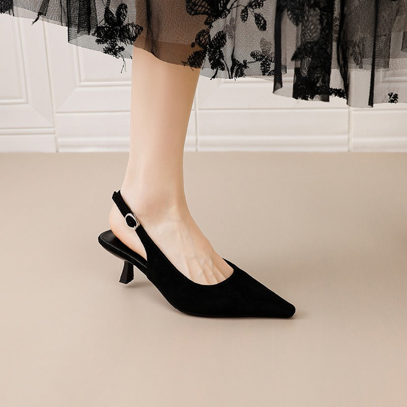 French pointed-toe stiletto sandals for women, 2026 new suede slingback heels, versatile mid-heel pumps, women's shoes