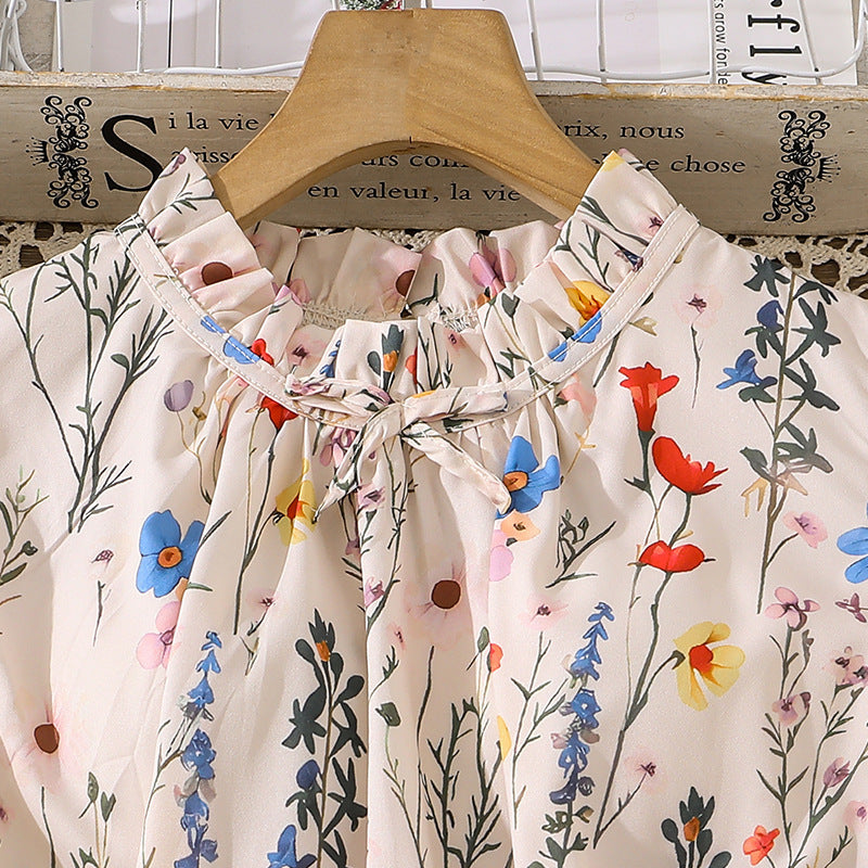 26 cross-border  girls' spring/summer new arrival: elegant floral print flutter sleeve a-line dress with cinched waist