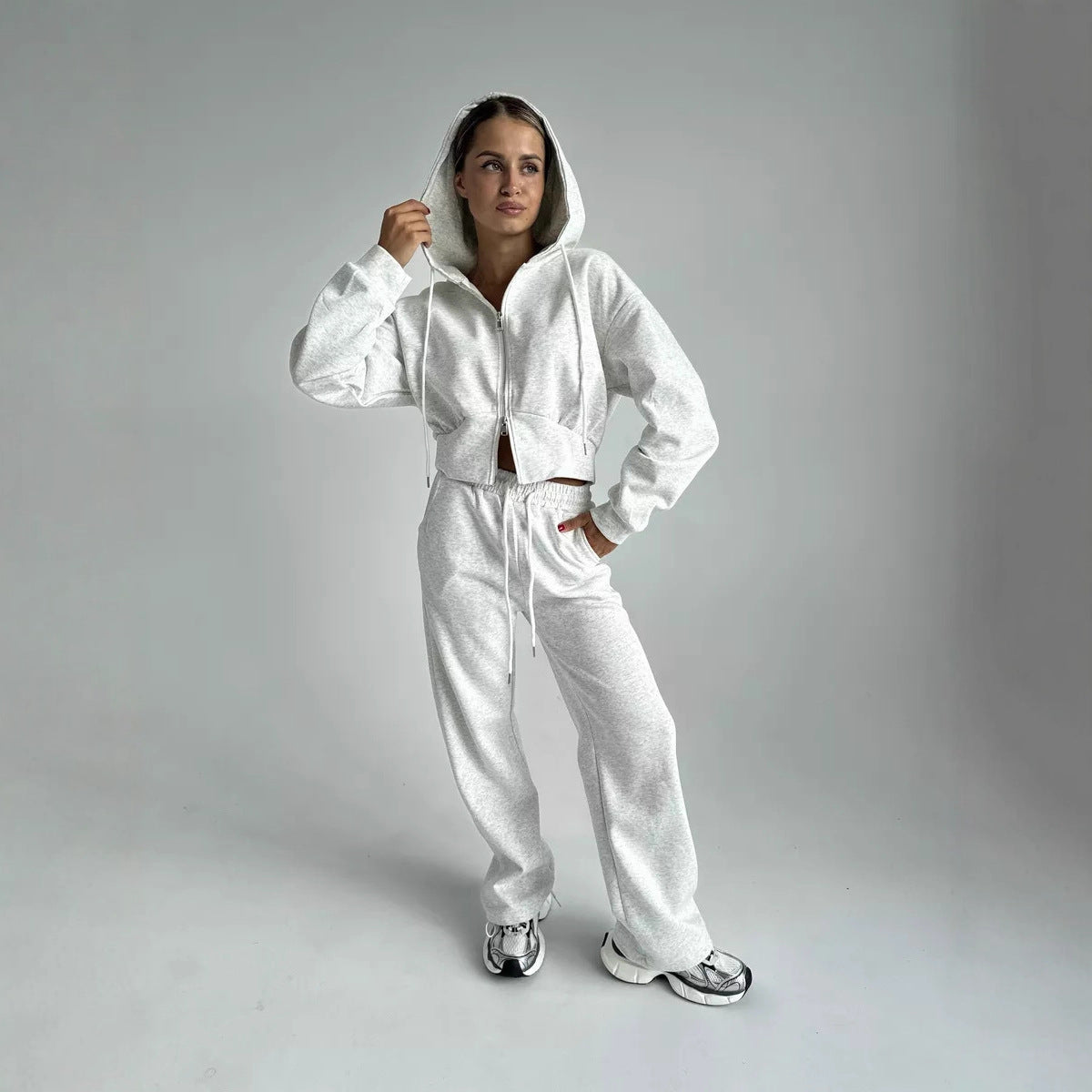 European and American  casual cotton-containing women's clothing solid color long-sleeved zipper cardigan hooded sweater lace-up waist pants two-piece set