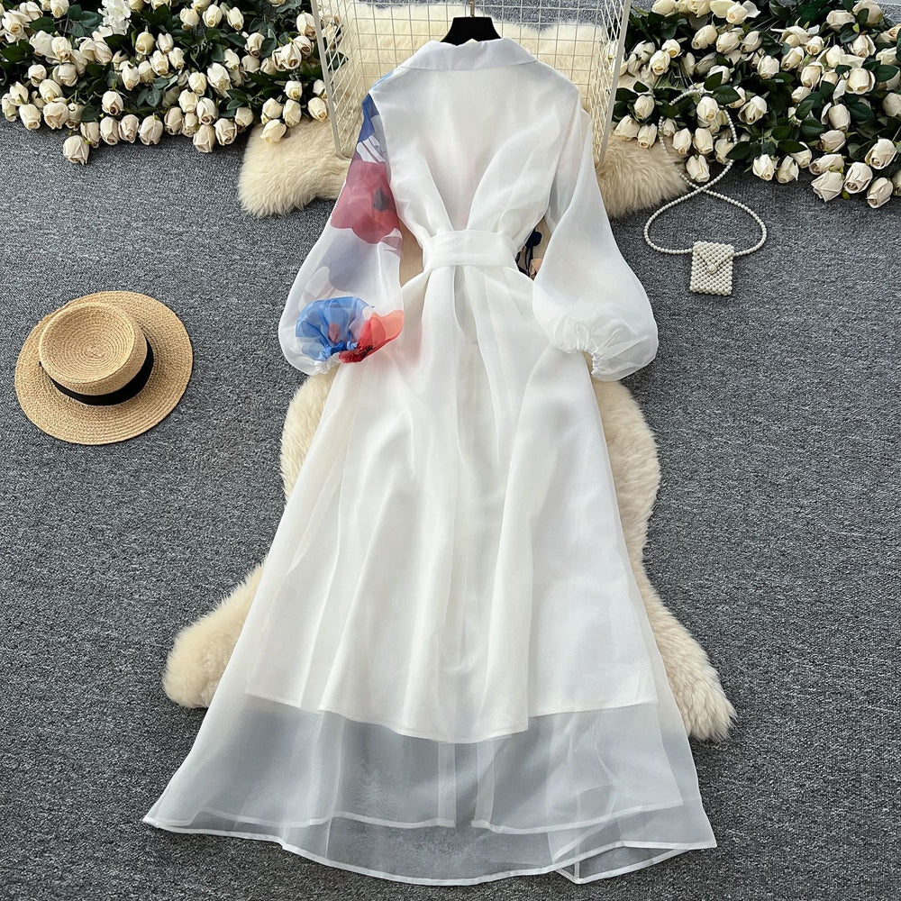French court style dress - women's high-end tie-waist lantern sleeve printed single-breasted mesh elegant maxi dress