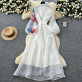 French court style dress - women's high-end tie-waist lantern sleeve printed single-breasted mesh elegant maxi dress