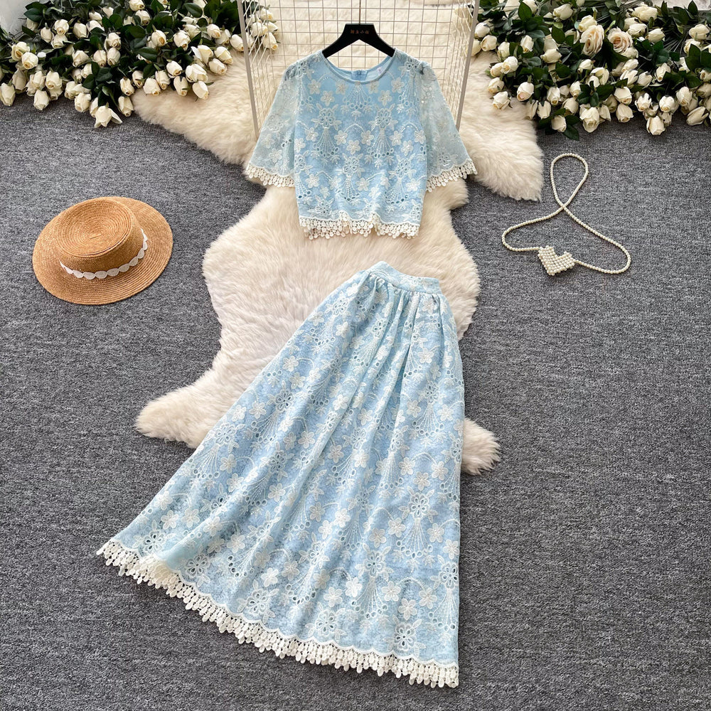 French gentle style heavy industry lacecut outtops high waist skirt women's summer gentle style two-piece set work clothing slimming look