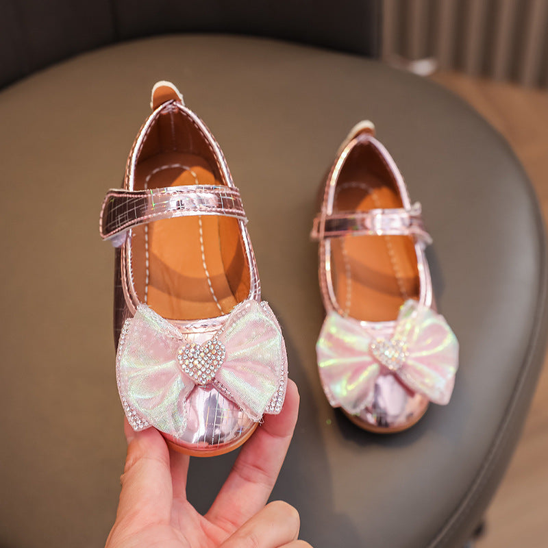 Girls'  spring new bowknot soft sole princess leather shoes for mid-to-large children - wholesale magic tape closure kids' shoes (direct from manufacturer)