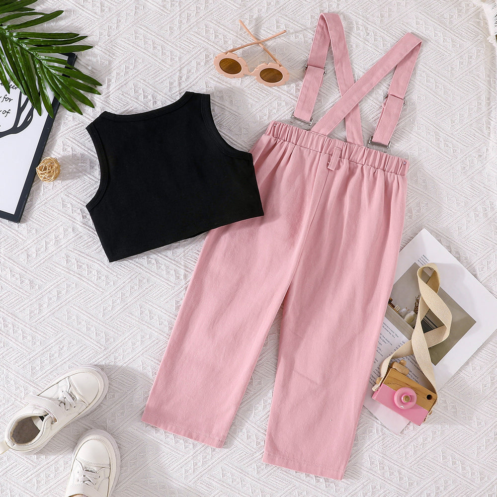 new girls' fashion two-piece set: letter print tank top + pink distressed denim overalls