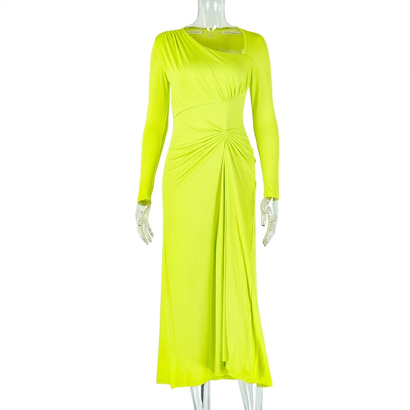European and american style elegant women's bodycon pleated asymmetrical dress solid color long sleeve oblique neck maxi dress gown