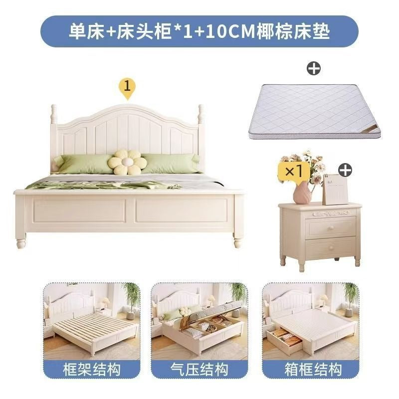 Nordic white cream solid wood bed - modern minimalist 1.8m double bed for master bedroom, 1.2m single bed with storage, wedding bed