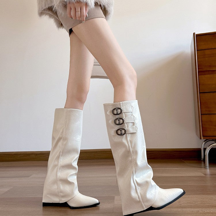Pointed toe mid-heel hidden wedge over-the-knee boots with belt buckle detail - women's fall/winter french style suede fashion boots