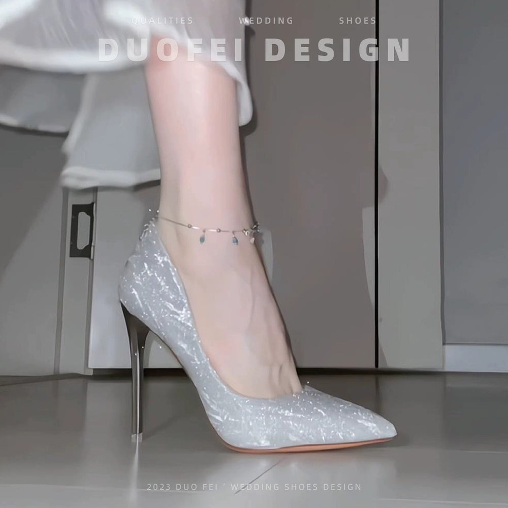 Silver 10cm stiletto heels, women's crystal wedding shoes for 2026, bridal shoes, single shoes, bridesmaid shoes, understated luxury, high-end style