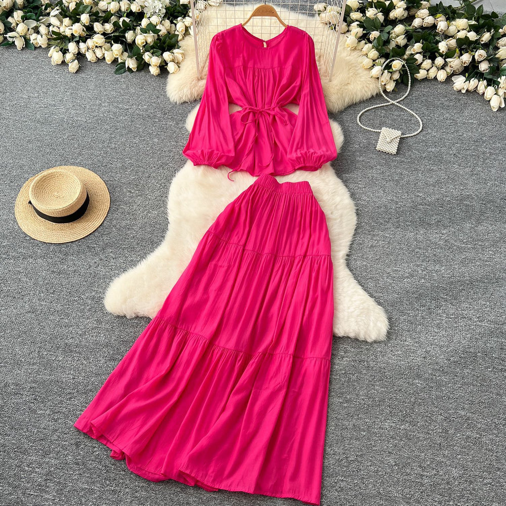 Gentle wind age-reducing suit women's springfrench strap waist round neck long sleevesshirt + high waistdraped skirt
