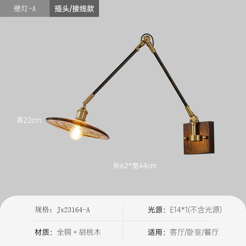 Japanese wabi-sabi style universal telescopic swing arm wall lamp - ceramic lampshade, vintage all-copper wall sconce
