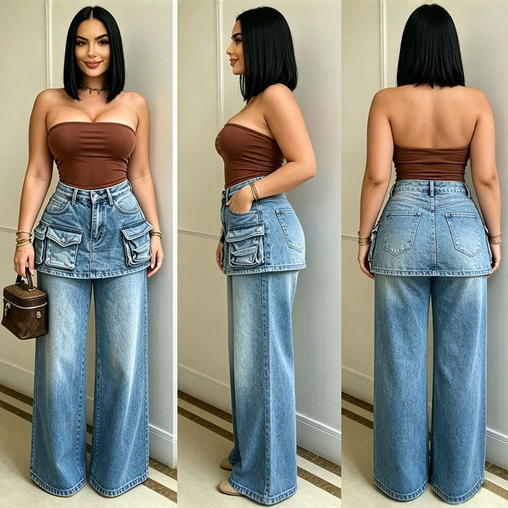 European and american high-waisted wide-leg jeans - new  cross-border women's fashion multi-pocket faux two-piece culottes