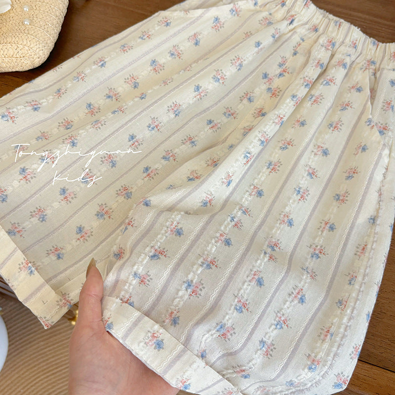 Girls' summer new fashionable and stylish cropped floral straight-leg casual pants - trendy, high-quality children's clothing for baby girls