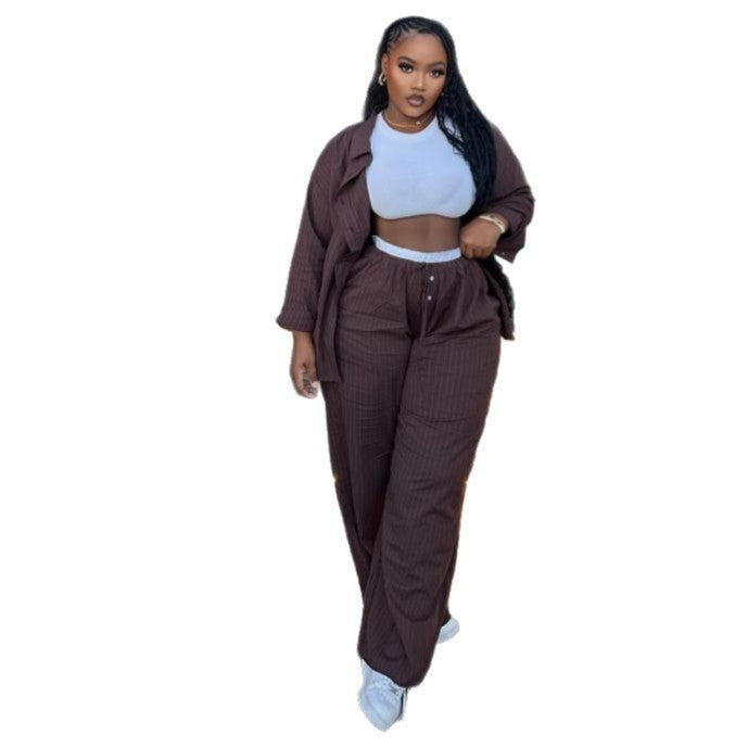 European and American  large-size casual high-waisted striped long-sleeved cardigan shirt trousers African women's loose two-piece set women's