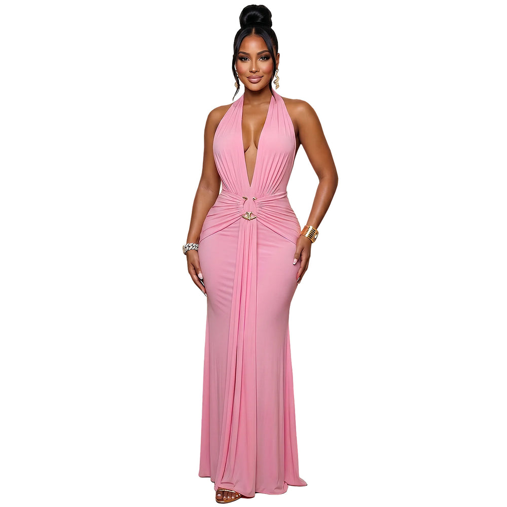 C7789 cross-border  new women's halter neck deep v ruched mermaid evening dress slim fit banquet party gown