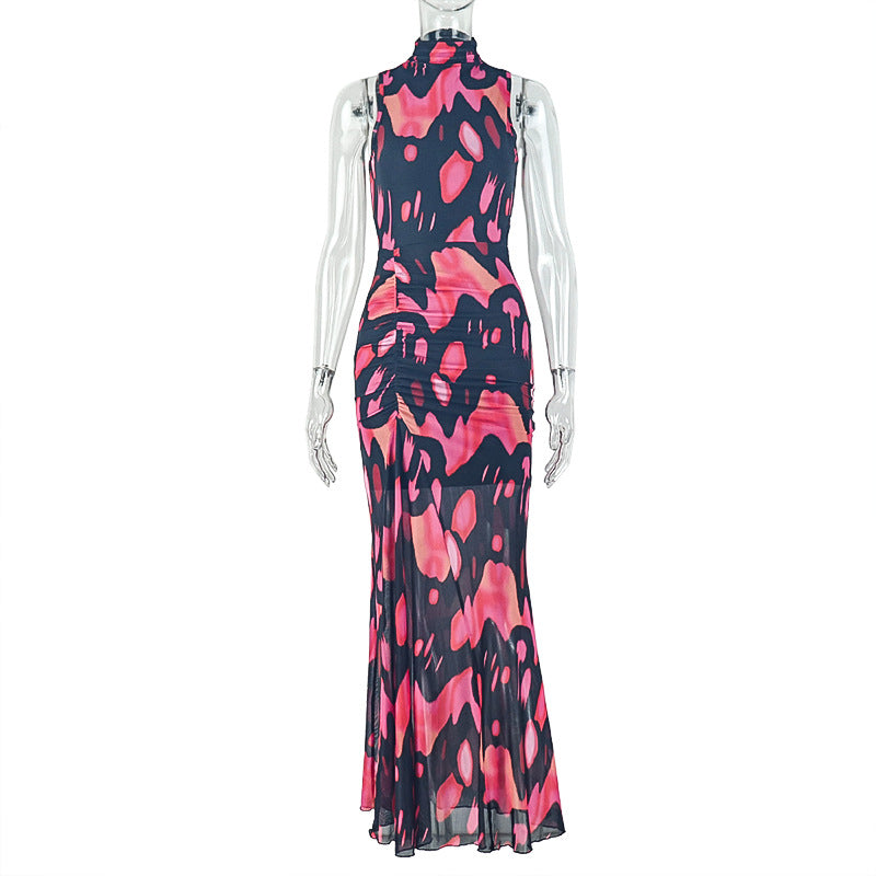 European and american style cross-border women's fashion hollow-out waist print elegant design bodycon dress color block high neck sleeveless maxi dress