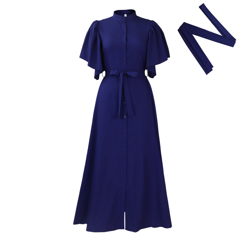 D3270   summer fashion bell sleeves single breasted belt waist loose long skirt export dress