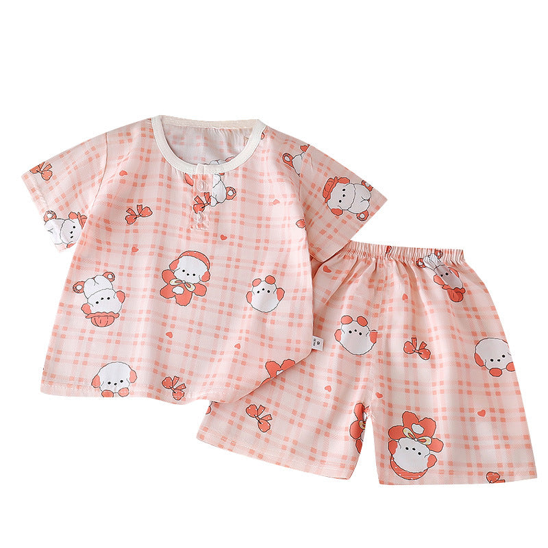 Summer children's cotton silk short-sleeve set: boys' loungewear, girls' cotton silk pajamas, baby air conditioning suit, wholesale children's clothing