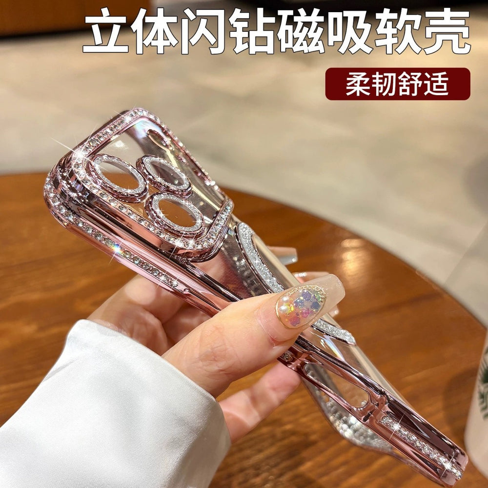 Suitable for iphone17promax mobile phone case, high-end edge diamond magnetic glitter lens film, apple 15 protective cover
