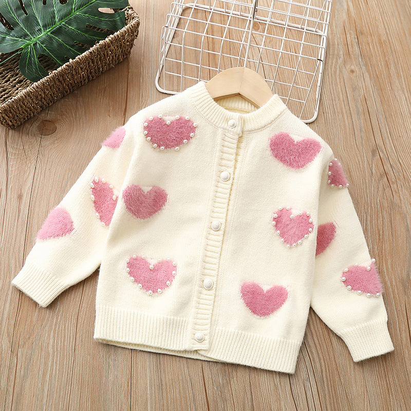 Girls' knitted sweater -  new style baby girl pearl heart pullover cardigan - sweetheart princess fashion top