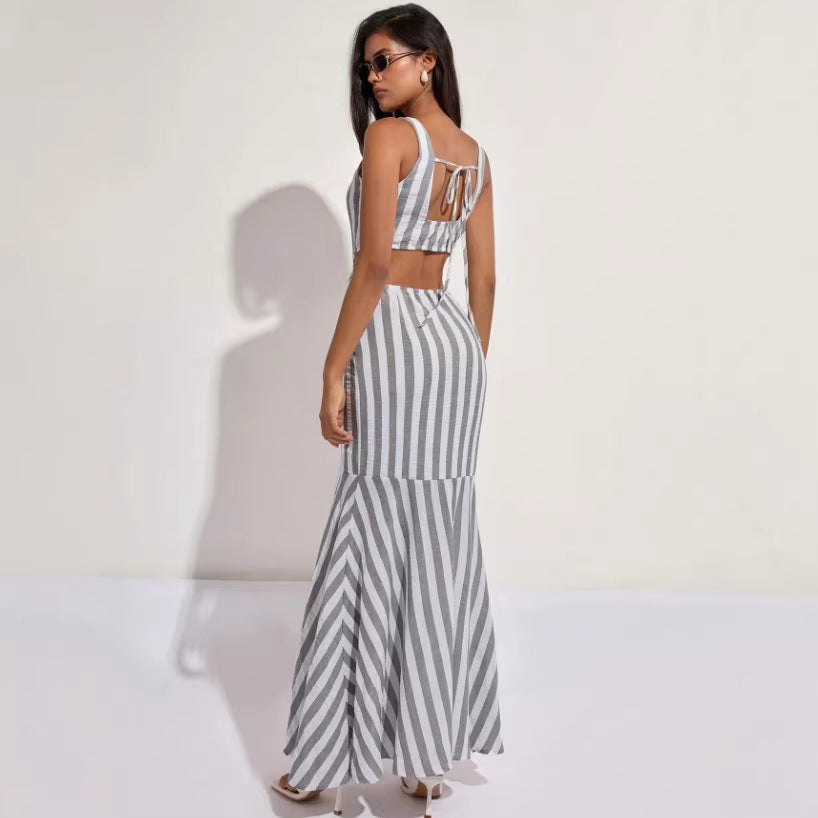 Wholesale foreign trade  summer european and american fashion v-neck striped versatile v-neck dress