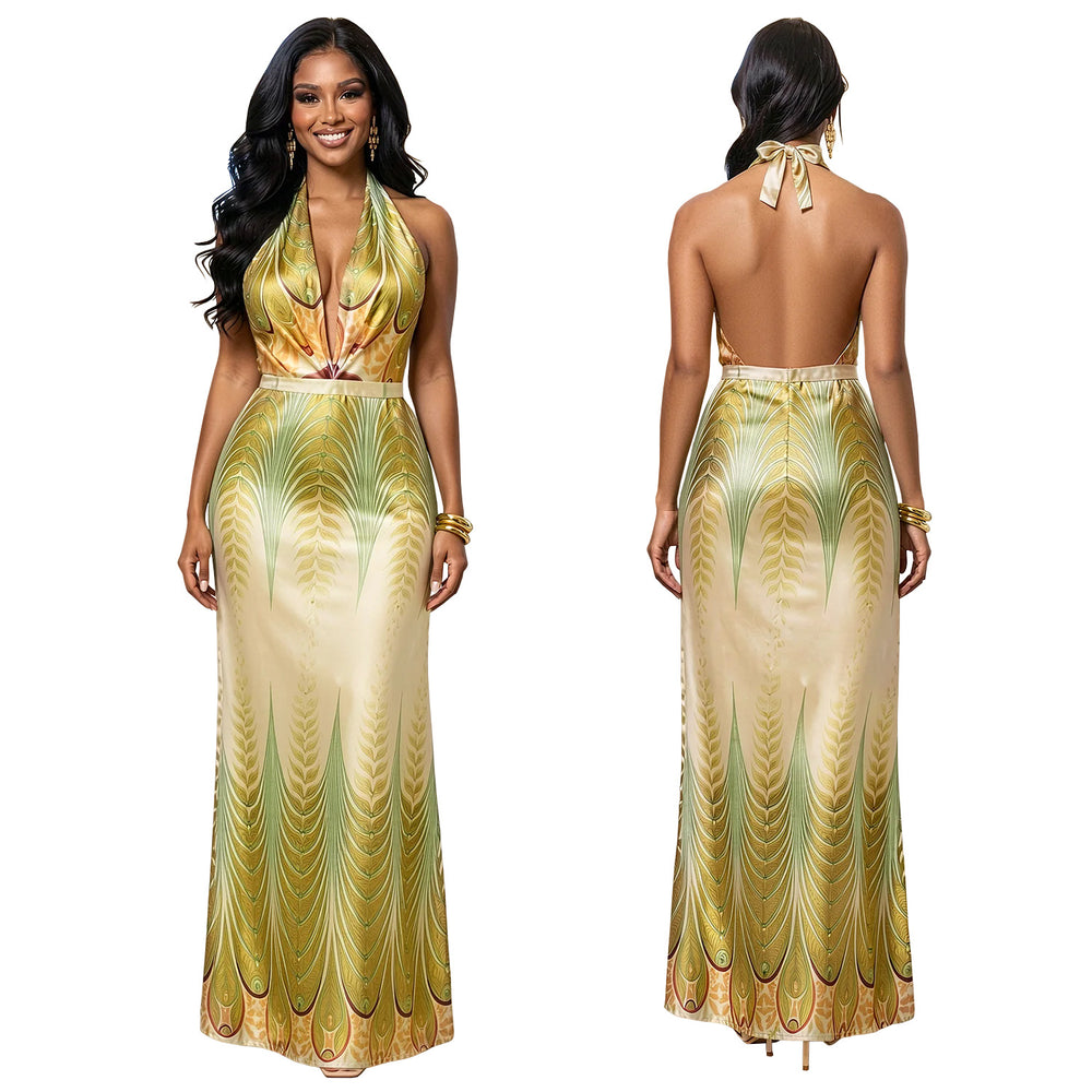 C7721 cross-border   fashion women's summer casual printed v-neck backless dress new