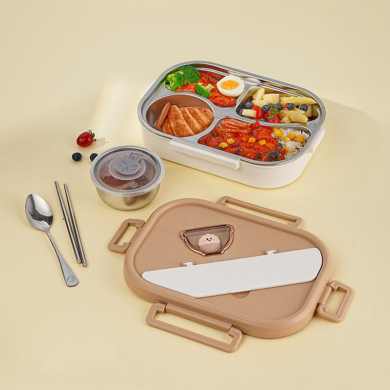 Food grade 304 stainless steel lunch box, large-capacity work portable grid lunch box, student cartoon dinner plate bento box