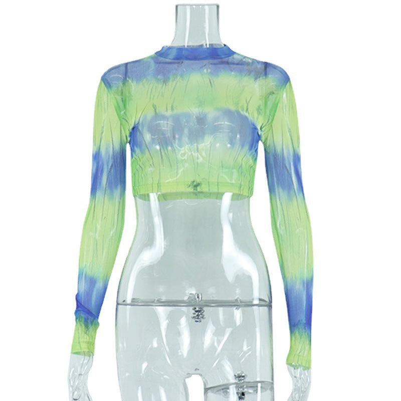 Europe and the United States 2022 summer new ins style temperament commuter printing round neck slim mesh long sleeve pullover button T-shirt