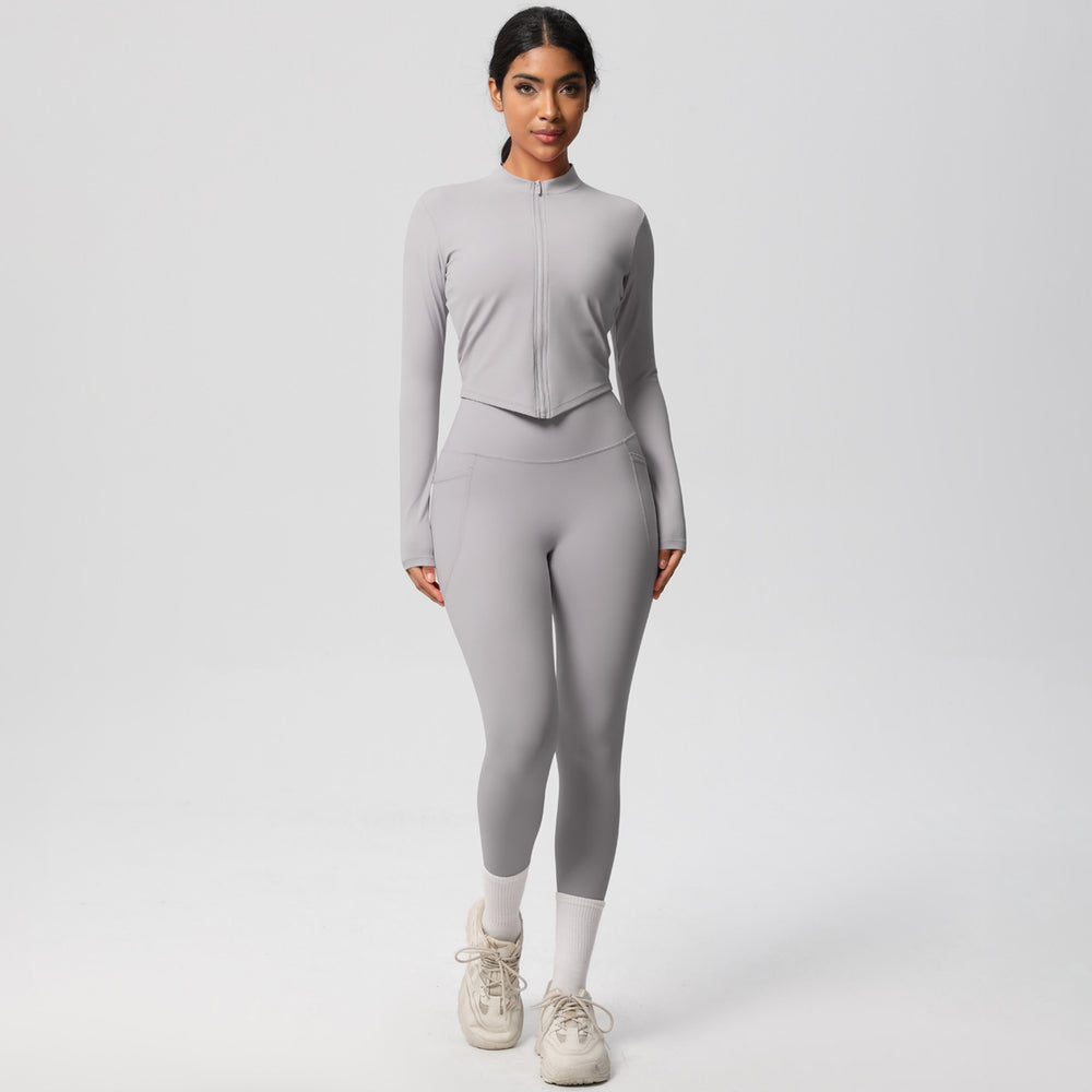 European and american nude feel compression zip-up yoga set - high-waisted pocket quick-dry activewear running fitness two-piece outfit