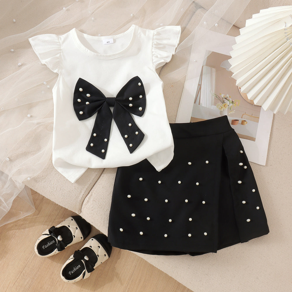 Children's clothing cross-border european and american girls white flying sleeve t-shirt black skirt children's clothing two-piece set