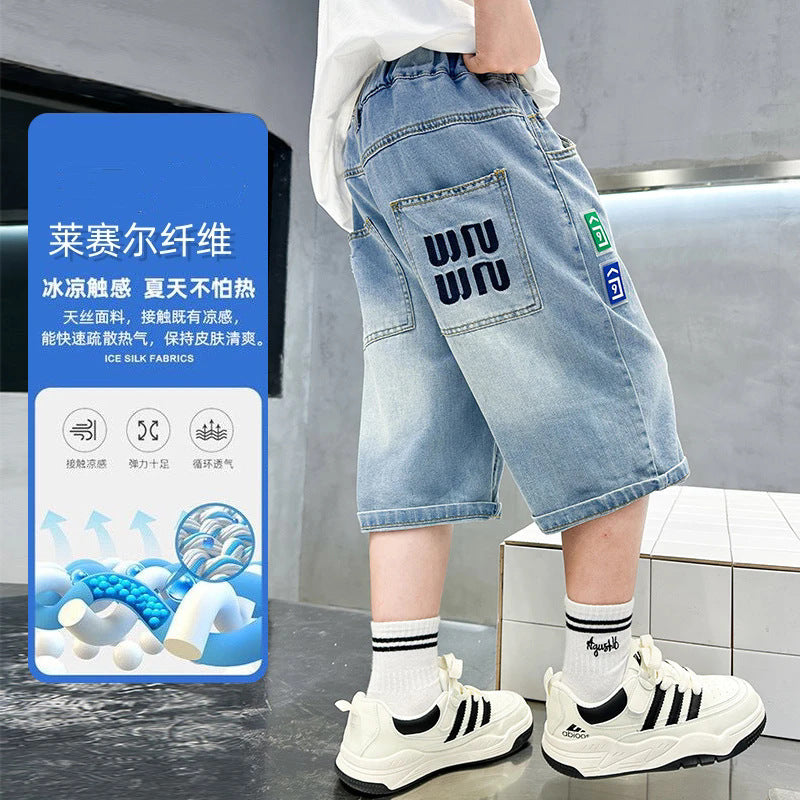 Boys' denim shorts - summer  new collection: stylish, lightweight, and trendy tencel mid-length shorts for kids