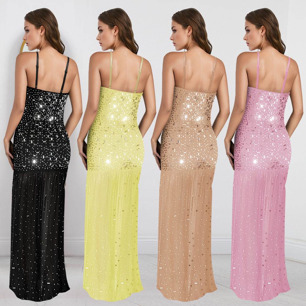 C7396 cross-border   fashion women's summer sexy rhinestone suspender slit dress
