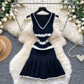 K-style v neckknittingstripes unique dress female salt style wear sleeveless waist elegant a-line skirt work clothing short skirt