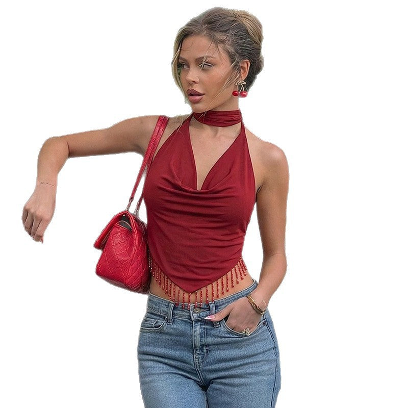 European and american women's clothing  summer new fashion v-neck tassel design backless tie-up sexy slim-fit tank top
