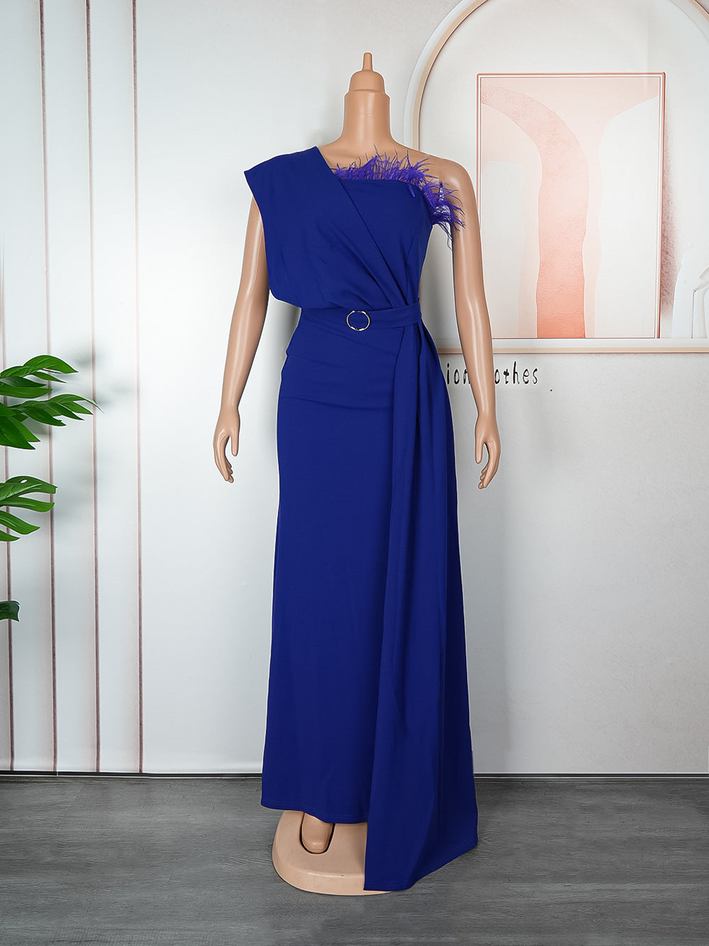 Plus size women's clothing from europe, america, and africa -  one-shoulder feather maxi dress for banquets, bridesmaids, weddings, and evening events