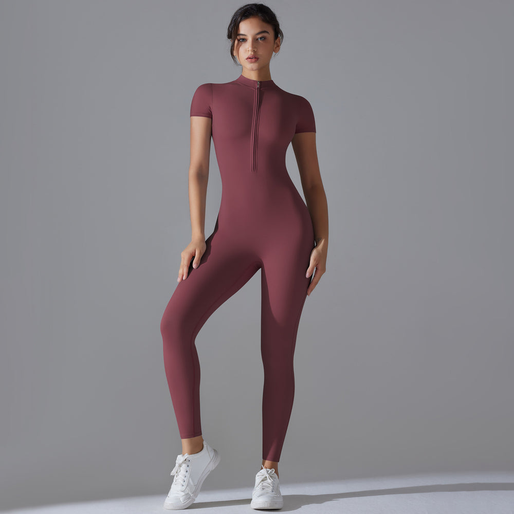 European and american nude feel zipper short sleeve yoga bodysuit - quick-dry, breathable, outdoor sports compression suit - fitness apparel