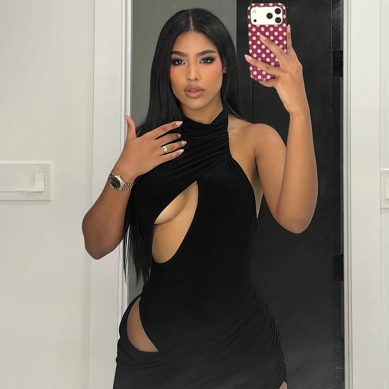 Exportfashion style women's pure colorfake two-piece cross cut outsexy nightclub sleeveless waist bag hip dress short skirt