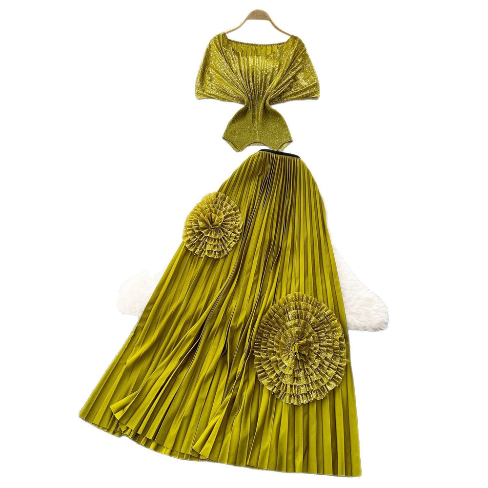 Miya pleated european and american style two-piece set: women's slim-fit short-sleeve pleated top with floral high-waisted pleated midi skirt