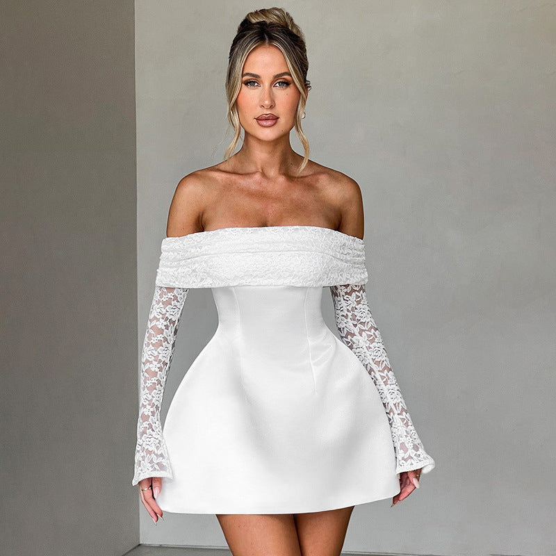 summer new european and american cross-border women's off-the-shoulder bandeau long sleeve sexy slim-fit lace a-line dress
