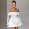 summer new european and american cross-border women's off-the-shoulder bandeau long sleeve sexy slim-fit lace a-line dress