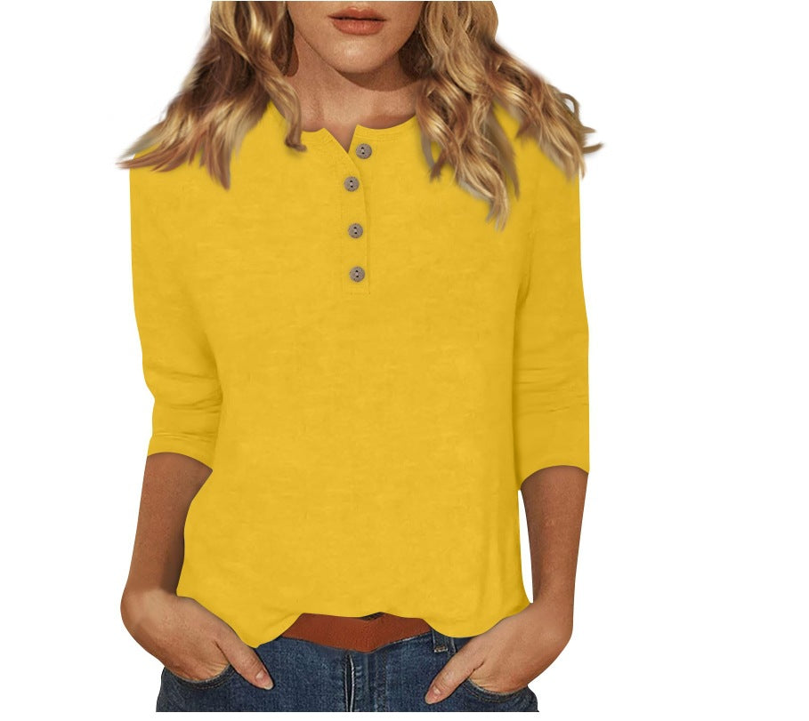 cross-border  women's fashion casual three-quarter sleeve solid color button-down crew neck t-shirt top