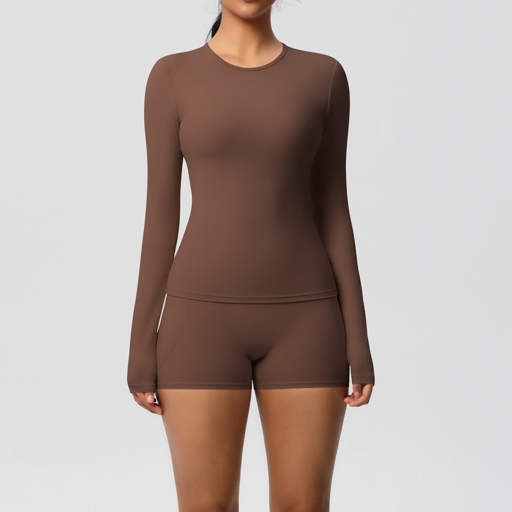New arrival: european and american style solid color double-sided brushed nylon long-sleeve yoga set - activewear two-piece for running and fitness